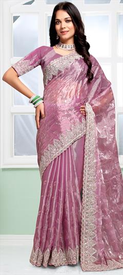 Engagement, Reception, Traditional Pink and Majenta color Saree in Silk fabric with Classic Embroidered, Sequence, Thread work : 1927856