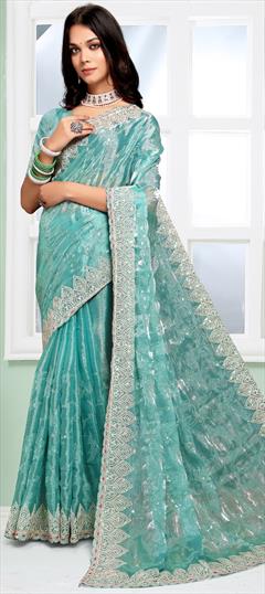 Engagement, Reception, Traditional Blue color Saree in Silk fabric with Classic Embroidered, Sequence, Thread work : 1927857