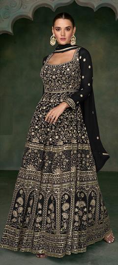 Festive, Party Wear Black and Grey color Gown in Georgette fabric with Embroidered, Mirror, Sequence, Zari work : 1927890