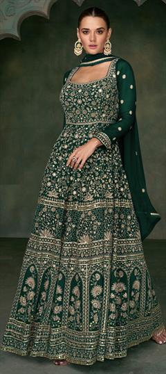 Festive, Party Wear Green color Gown in Georgette fabric with Embroidered, Mirror, Sequence, Zari work : 1927892