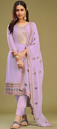 Festive, Party Wear, Reception Purple and Violet color Salwar Kameez in Georgette fabric with Straight Embroidered, Stone, Swarovski, Thread work : 1927903