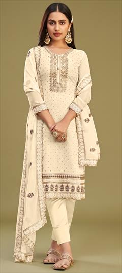 Festive, Party Wear, Reception Beige and Brown color Salwar Kameez in Georgette fabric with Straight Embroidered, Stone, Swarovski, Thread work : 1927904