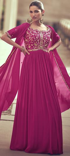 Festive, Reception, Wedding Pink and Majenta color Gown in Art Silk fabric with Cut Dana, Stone, Zardozi work : 1927906