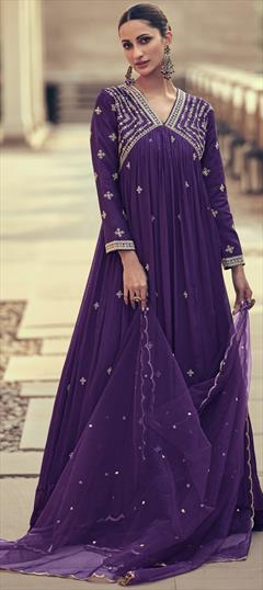 Festive, Reception, Wedding Purple and Violet color Gown in Art Silk fabric with Embroidered, Thread work : 1927908