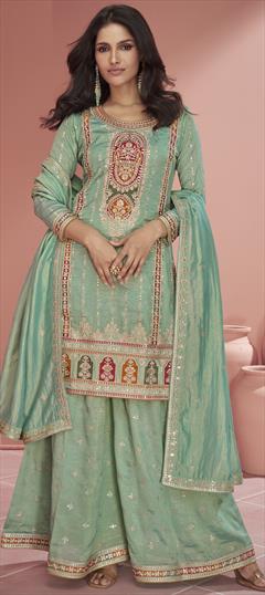 Engagement, Festive, Reception Green color Salwar Kameez in Organza Silk fabric with Palazzo, Straight Embroidered, Sequence, Thread, Zari work : 1927909