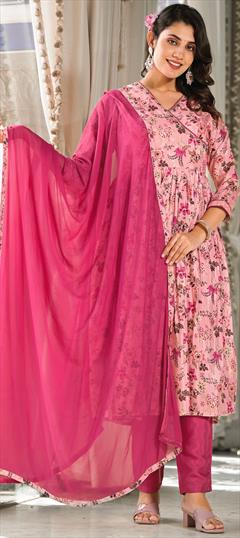 Designer, Festive, Party Wear Pink and Majenta color Salwar Kameez in Art Silk fabric with Anarkali Digital Print, Floral, Sequence work : 1927918