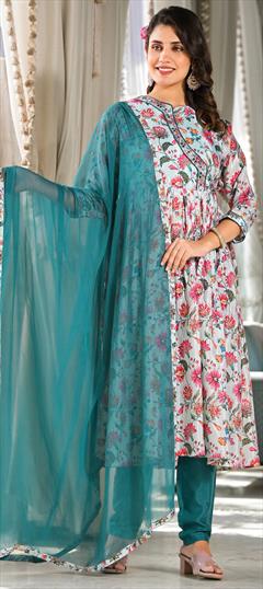 Designer, Festive, Party Wear Blue color Salwar Kameez in Art Silk fabric with Anarkali Digital Print, Floral, Sequence work : 1927919