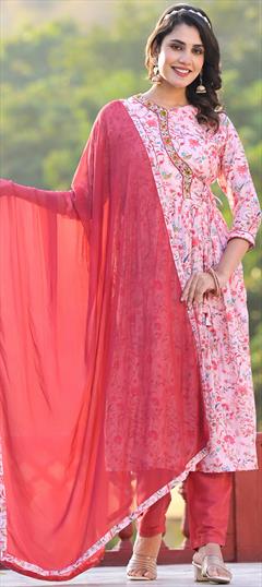 Designer, Festive, Party Wear Pink and Majenta color Salwar Kameez in Art Silk fabric with Anarkali Digital Print, Floral, Sequence work : 1927920