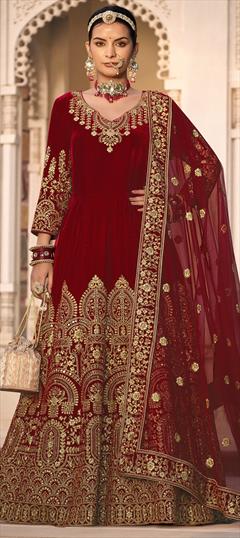 Bridal, Mehendi Sangeet, Wedding Red and Maroon color Salwar Kameez in Velvet fabric with Anarkali Embroidered, Mirror, Stone, Zari work : 1927923