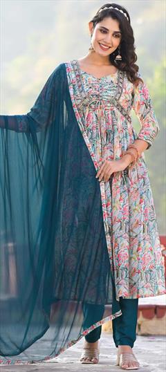 Designer, Festive, Party Wear Multicolor color Salwar Kameez in Georgette fabric with Anarkali Digital Print, Floral, Sequence work : 1927925