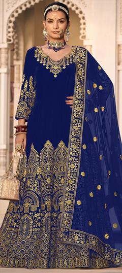 Bridal, Mehendi Sangeet, Wedding Blue color Salwar Kameez in Velvet fabric with Anarkali Embroidered, Mirror, Stone, Zari work : 1927926