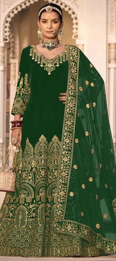 Bridal, Mehendi Sangeet, Wedding Green color Salwar Kameez in Velvet fabric with Anarkali Embroidered, Mirror, Stone, Zari work : 1927929