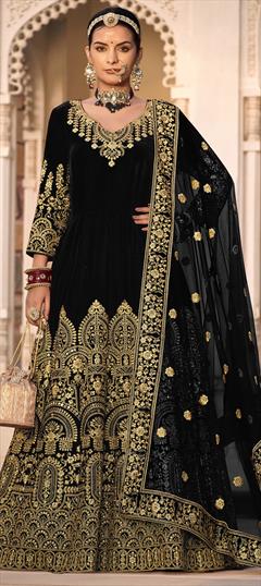 Bridal, Mehendi Sangeet, Wedding Black and Grey color Salwar Kameez in Velvet fabric with Anarkali Embroidered, Mirror, Stone, Zari work : 1927934