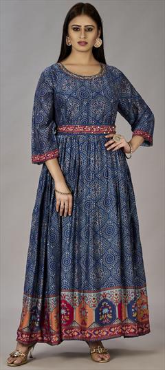 Festive, Party Wear Blue color Gown in Muslin fabric with Digital Print, Embroidered, Sequence work : 1927951