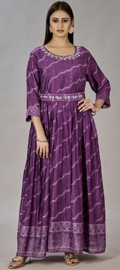 Festive, Party Wear Purple and Violet color Gown in Muslin fabric with Digital Print, Embroidered, Sequence work : 1927952