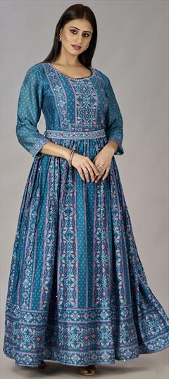 Festive, Party Wear Blue color Gown in Muslin fabric with Digital Print, Embroidered, Sequence work : 1927953