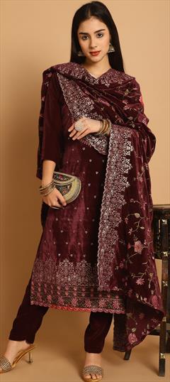 Festive, Reception, Wedding Red and Maroon color Salwar Kameez in Velvet fabric with Pakistani, Straight Resham, Sequence, Thread, Zari work : 1927959