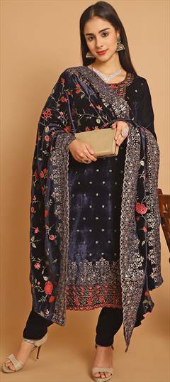 Festive, Reception, Wedding Blue color Salwar Kameez in Velvet fabric with Pakistani, Straight Resham, Sequence, Thread, Zari work : 1927960