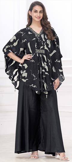 Festive, Party Wear Black and Grey color Salwar Kameez in Muslin fabric with Asymmetrical, Palazzo Digital Print work : 1927965