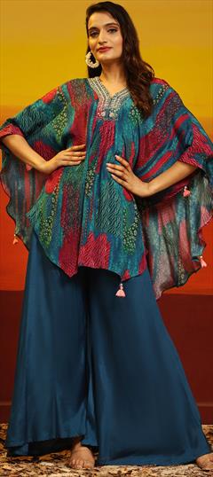 Festive, Party Wear Blue color Salwar Kameez in Muslin fabric with Asymmetrical, Palazzo Digital Print work : 1927971