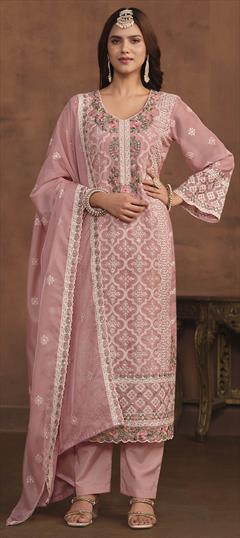 Festive, Party Wear Pink and Majenta color Salwar Kameez in Organza Silk fabric with Pakistani, Straight Embroidered, Sequence, Thread work : 1928195