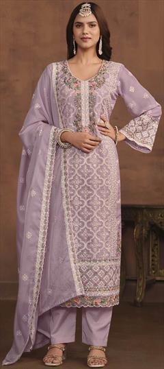 Festive, Party Wear Purple and Violet color Salwar Kameez in Organza Silk fabric with Pakistani, Straight Embroidered, Sequence, Thread work : 1928199