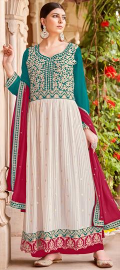 Festive, Party Wear, Reception Blue, White and Off White color Salwar Kameez in Faux Georgette fabric with Anarkali Bugle Beads, Embroidered, Mirror, Sequence, Thread, Zari work : 1928206