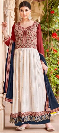 Festive, Party Wear, Reception Red and Maroon, White and Off White color Salwar Kameez in Faux Georgette fabric with Anarkali Bugle Beads, Embroidered, Mirror, Sequence, Thread, Zari work : 1928208