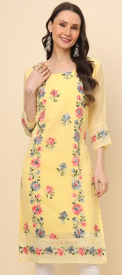 Festive, Party Wear Yellow color Kurti in Georgette fabric with Straight Embroidered, Resham, Thread work : 1928209