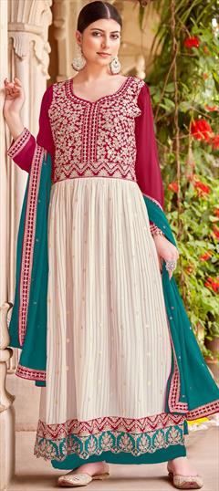 Festive, Party Wear, Reception Red and Maroon, White and Off White color Salwar Kameez in Faux Georgette fabric with Anarkali Bugle Beads, Embroidered, Mirror, Sequence, Thread, Zari work : 1928210