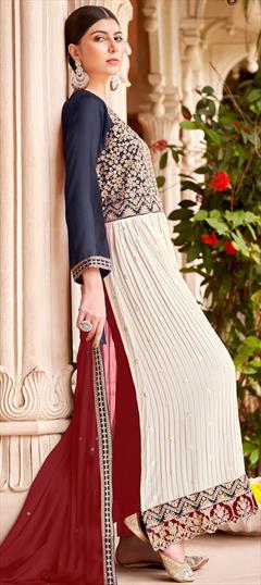 Festive, Party Wear, Reception Blue, White and Off White color Salwar Kameez in Faux Georgette fabric with Anarkali Bugle Beads, Embroidered, Mirror, Sequence, Thread, Zari work : 1928211