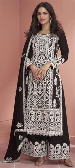 Engagement, Festive, Reception Black and Grey color Salwar Kameez in Art Silk fabric with Palazzo, Straight Embroidered, Resham, Thread work : 1928215
