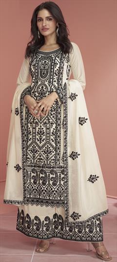 Engagement, Festive, Reception White and Off White color Salwar Kameez in Art Silk fabric with Palazzo, Straight Embroidered, Resham, Thread work : 1928216