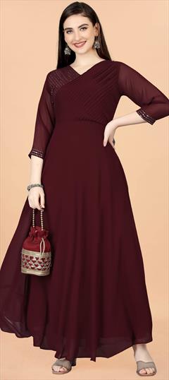 Festive, Reception Red and Maroon color Gown in Georgette fabric with Embroidered, Sequence, Thread work : 1928221