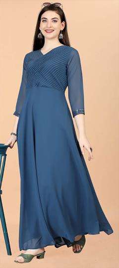 Festive, Reception Blue color Gown in Georgette fabric with Embroidered, Sequence, Thread work : 1928222