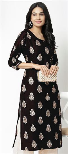 Casual Black and Grey color Kurti in Rayon fabric with Straight Foil Print work : 1928232