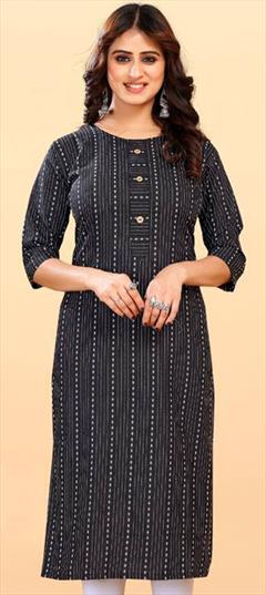 Casual Black and Grey color Kurti in Cotton fabric with Long Sleeve, Straight Printed work : 1928261