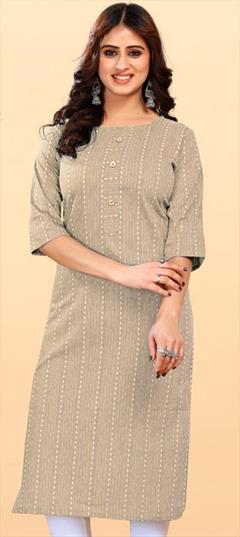 Casual Beige and Brown color Kurti in Cotton fabric with Long Sleeve, Straight Printed work : 1928262