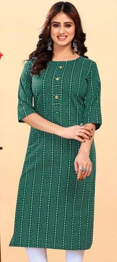 Casual Green color Kurti in Cotton fabric with Long Sleeve, Straight Printed work : 1928264
