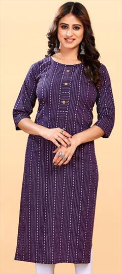 Casual Purple and Violet color Kurti in Cotton fabric with Long Sleeve, Straight Printed work : 1928265