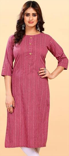 Casual Pink and Majenta color Kurti in Cotton fabric with Long Sleeve, Straight Printed work : 1928266