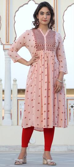Casual Pink and Majenta color Kurti in Viscose fabric with Anarkali, Long Sleeve Embroidered work : 1928282