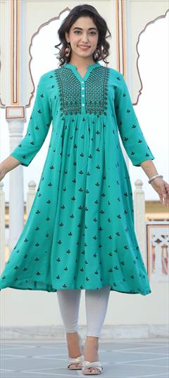Casual Blue color Kurti in Viscose fabric with Anarkali, Long Sleeve Embroidered work : 1928285