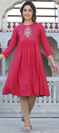 Casual Pink and Majenta color Kurti in Viscose fabric with Anarkali, Long Sleeve Embroidered work : 1928288