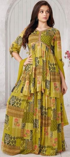 Festive, Party Wear, Reception Multicolor color Salwar Kameez in Muslin fabric with A Line, Sharara Printed, Sequence work : 1928291