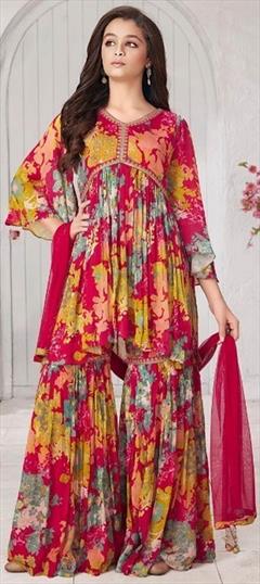 Festive, Party Wear, Reception Multicolor color Salwar Kameez in Muslin fabric with A Line, Sharara Printed, Sequence work : 1928295