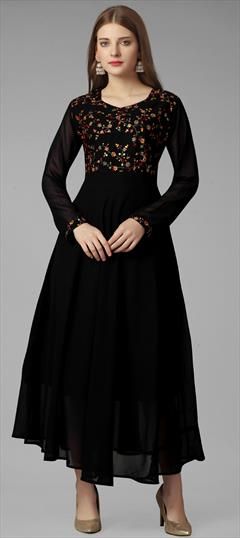 Casual Black and Grey color Gown in Georgette fabric with Embroidered, Thread work : 1928311