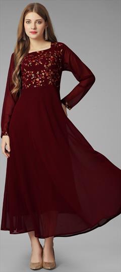 Casual Red and Maroon color Gown in Georgette fabric with Embroidered, Thread work : 1928312