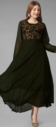 Casual Green color Gown in Georgette fabric with Embroidered, Thread work : 1928313