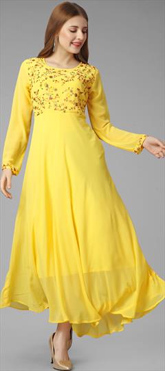 Casual Yellow color Gown in Georgette fabric with Embroidered, Thread work : 1928317